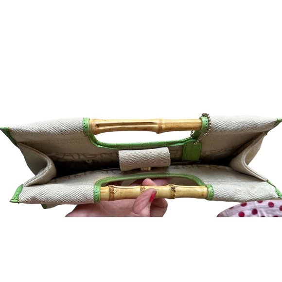 Vintage Etienne Aigner Canvas Leather Handbag Bamboo Handles Snap Closur… - Picture 7 of 12